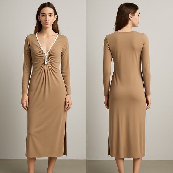 Abercrombie&Fitch Rutched Deep V Neck Long Sleeve Midi Dress XL Camel Tan Y2K - Picture 1 of 10